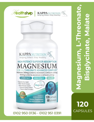 Kappa Magnesium, L-Threonate Bisglycinate Chelate, Malate, for Brain, Sleep, Stress, Cramps, Headaches - 120 Capsules