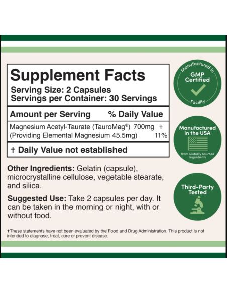Magnesium Acetyl-Taurate for PMS and Cramp Relief 350 mg - 60 Capsules (Best before 1/2027 )