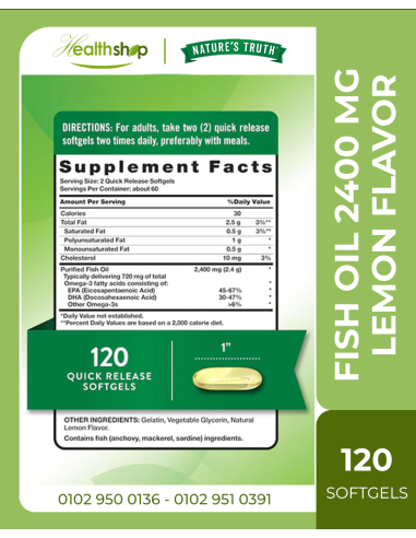 Fish Oil 2,400 mg 720 mg Omega-3 Natural Lemon...