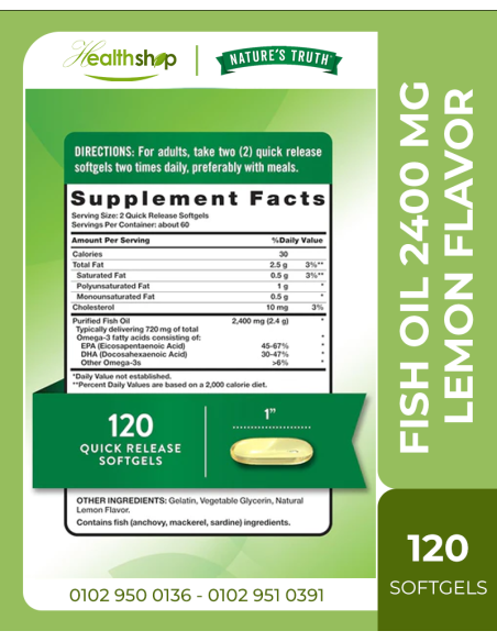 Fish Oil 2,400 mg 720 mg Omega-3 Natural Lemon Flavor - 120 Quick Release Softgels