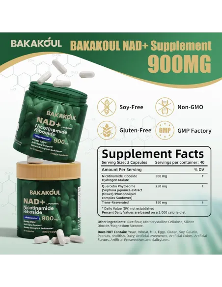 BAKAKOUL NAD Supplement - Liposomal Nicotinamide Riboside, Resveratrol - 80 Capsules( Best Before 2/2027 )