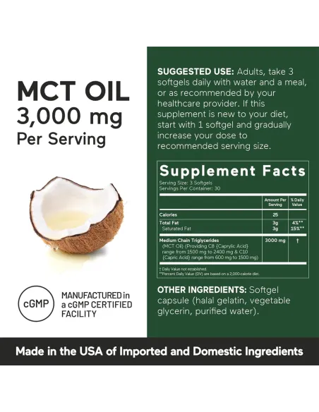 زيت  MTC تركيز 3000 مج ( زيت الدهون الثلاثية جزء من نظام كيتو الغذائي) - 90 Softgels