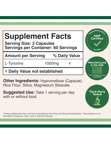 L-Tyrosine 1000mg -120 Veggie Capsules
