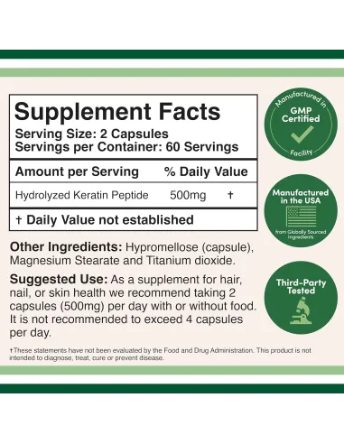 Keratin Hair Growth Vitamin 500mg - 120 Capsules