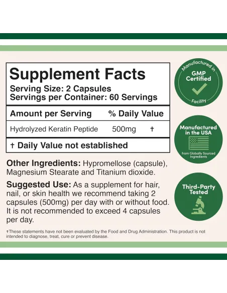 Keratin Hair Growth Vitamin 500mg - 120 Capsules