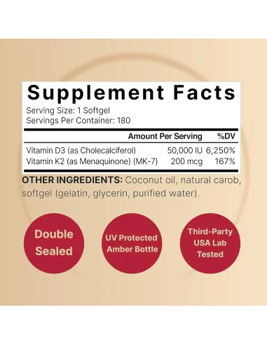 Vitamin D3 50,000 IU + K2 200 mcg, 180 Softgels