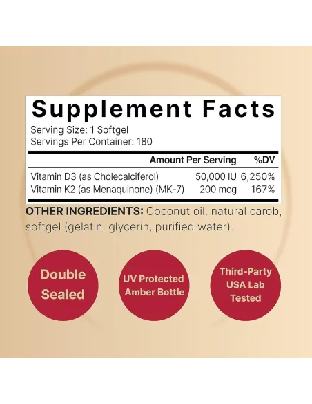 Vitamin D3 50,000 IU + K2 200 mcg, 180 Softgels