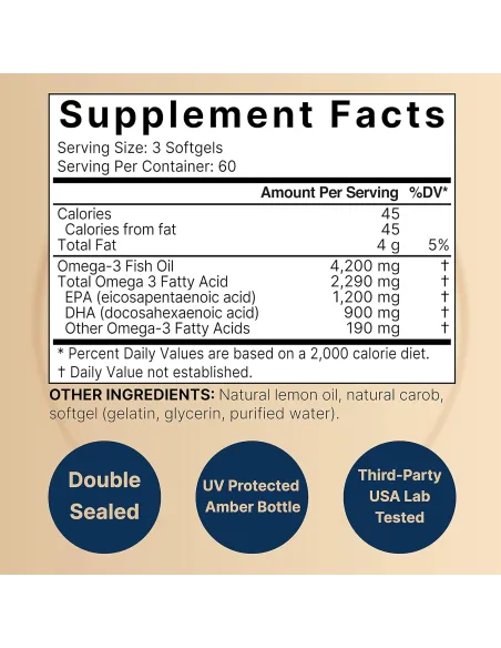 Omega 3 Fish Oil 4200mg, Highly Purified EPA & DHA, Lemon Flavored - 180 Softgels,