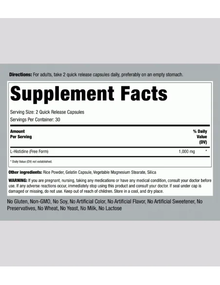 L-Histidine, 1000 mg (per serving) - 60 Quick Release Capsules
