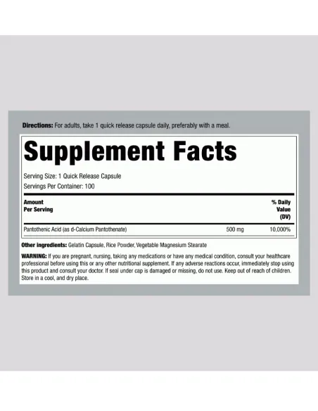Pantothenic Acid 500 mg - 100 Quick Release Capsules