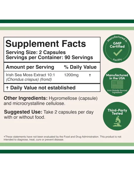 Irish Sea Moss 1200mg -180 Capsules ( Best Before 10/2026 )