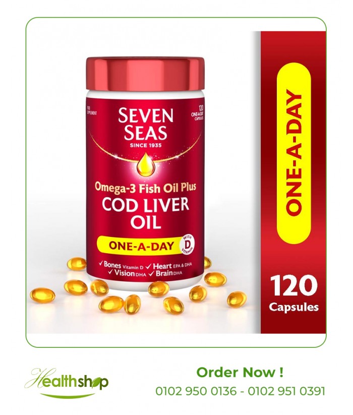 Seven Seas Pure Cod Liver Oil - OMEGA-3 with Vitamins A, D and E-120 Capsules | Seven Seas | Brain and concentration  |