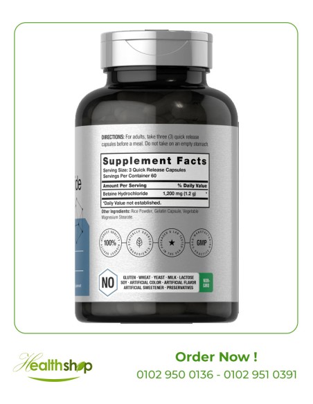 Betaine HCl 1200mg - 180 Capsules | Horbaach