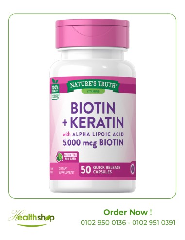 Biotin + Keratin with Alpha Lipoic Acid 5,000 mcg Biotin - 50 Quick Release Capsules | Nature's Truth | Hair skin and nails  |