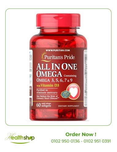 All in One Omega 3, 5, 6, 7 and 9 with Vitamin D3, 60 Softgels