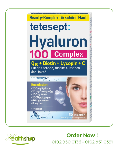 tetesept Hyaluronic 100 Complex - Supplement with Q10 + Biotin + Lycopene + Vitamin C - 30 mini tablets