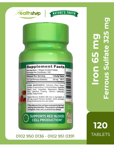 Iron 65 mg Ferrous Sulfate 325 mg- 120 Coated Tablets