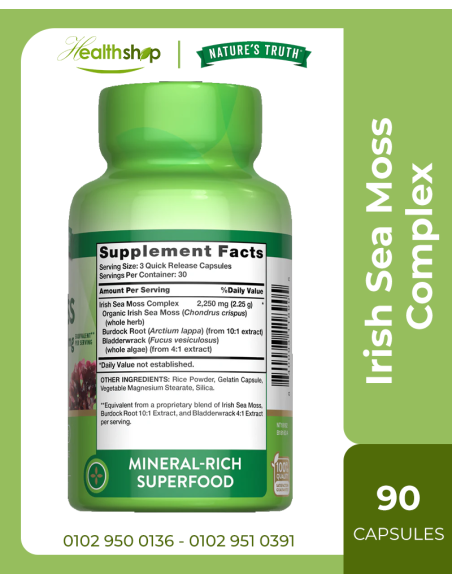 Irish Sea Moss Complex  2,250 mg with Bladderwrack & Burdock Root  - 90 Quick Release Capsules