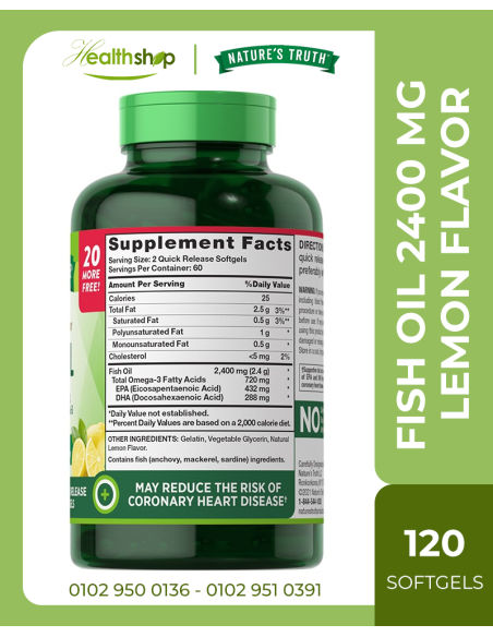 Fish Oil 2,400 mg 720 mg Omega-3 Natural Lemon Flavor - 120 Quick Release Softgels