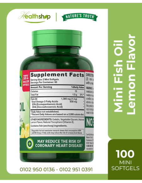 Lemon Flavor Mini Fish Oil 1,340 mg ,830 mg Omega-3 - 100 Mini Softgels