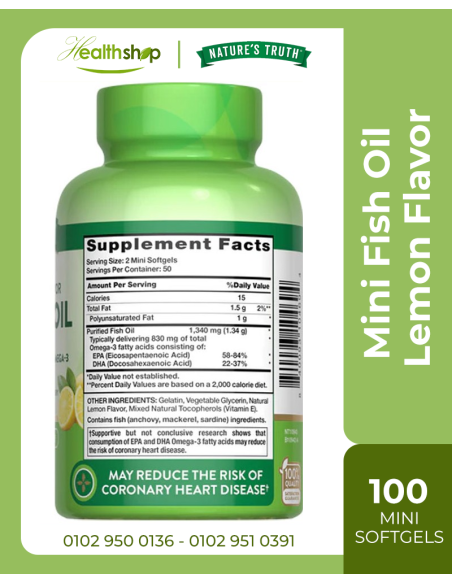 Lemon Flavor Mini Fish Oil 1,340 mg ,830 mg Omega-3 - 100 Mini Softgels