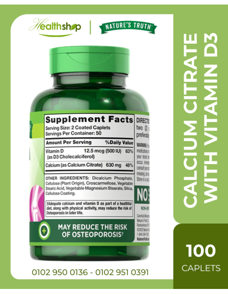 CALCIUM CITRATE 630 MG WITH VITAMIN D3 - 100 Coated Caplets