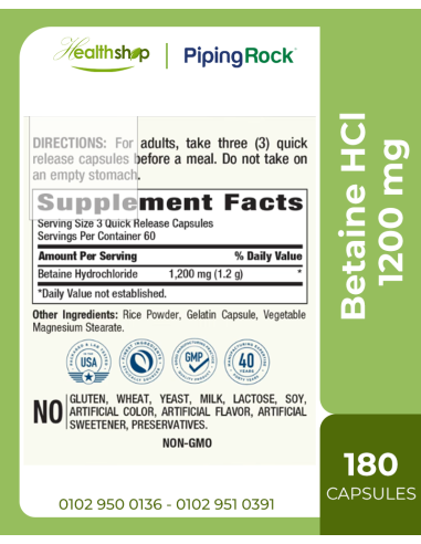 Betaine HCl, 1200 mg - 180 Quick Release Capsules