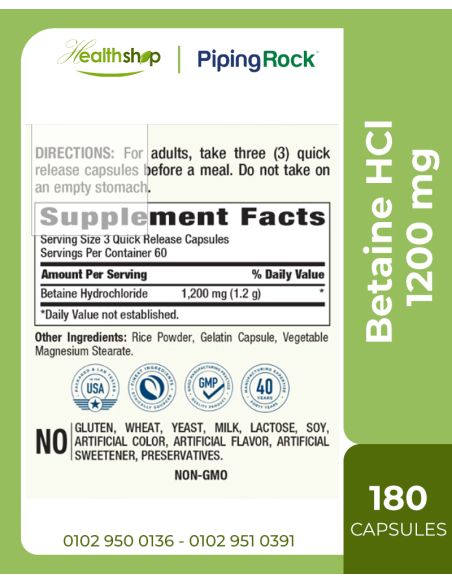 Betaine HCl, 1200 mg - 180 Quick Release Capsules