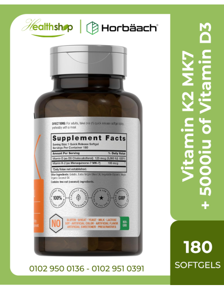 Vitamin K2 MK7 - 5000iu of Vitamin D3 & 100mcg MK-7 Complex - 180 Softgel Capsules