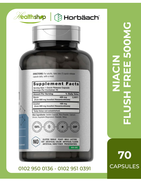 NIACIN FLUSH FREE 500MG - 70 CAPSULES  ( Best Before 2/2027 )