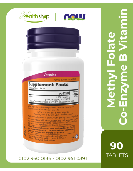 Methyl Folate 1,000 mcg Co-Enzyme B Vitamin - 90 Tablets