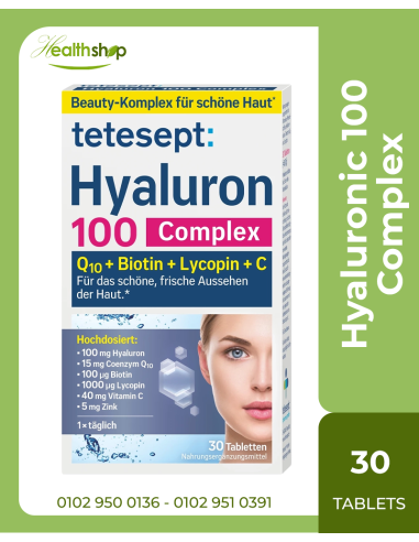 tetesept Hyaluronic 100 Complex - Supplement with Q10 + Biotin + Lycopene + Vitamin C - 30 mini tablets