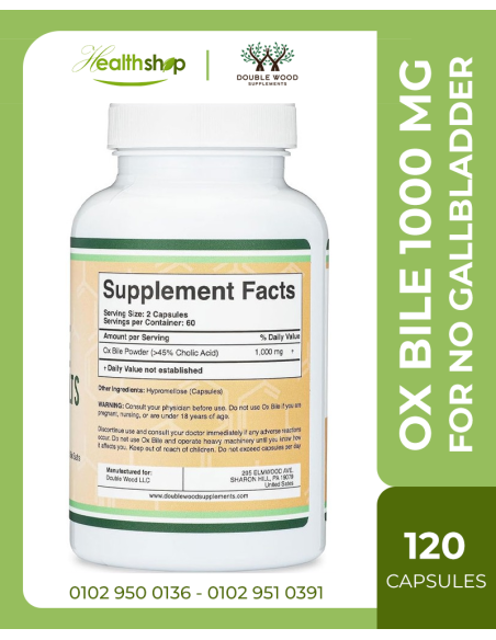 Ox Bile Supplement for No Gallbladder  - Bile Acid Salts 1000mg Per Serving - 120 Capsules