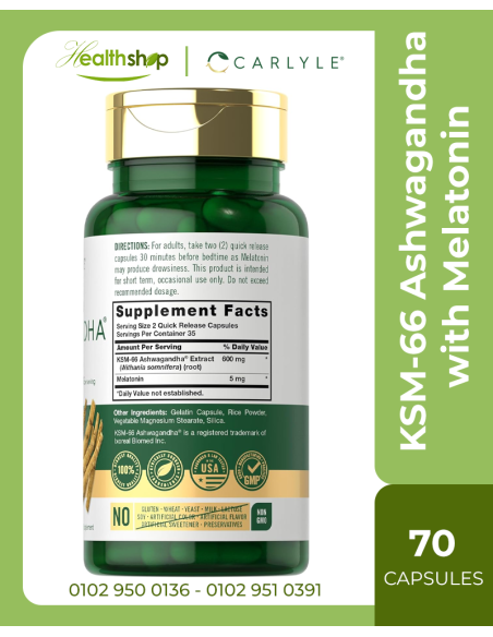 Carlyle KSM-66 Ashwagandha 600mg with Melatonin 5mg - 70 Capsules