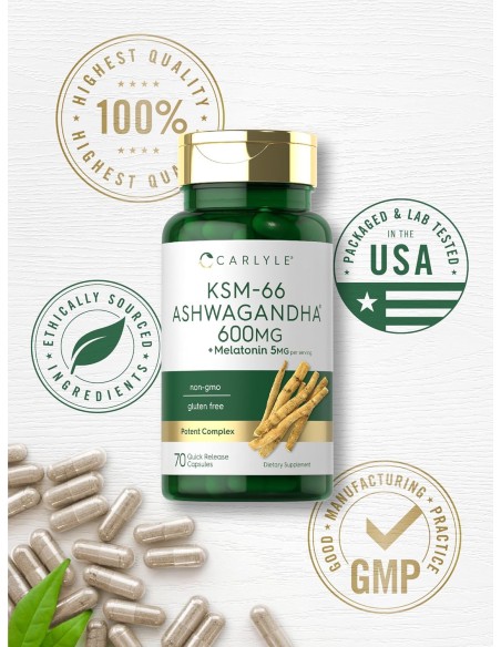 Carlyle KSM-66 Ashwagandha 600mg with Melatonin 5mg - 70 Capsules