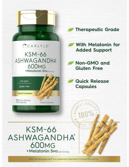 Carlyle KSM-66 Ashwagandha 600mg with Melatonin 5mg - 70 Capsules